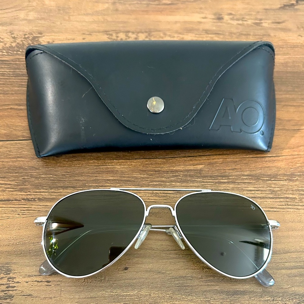 AO Silver "General" Aviator Sunglasses with Black Case